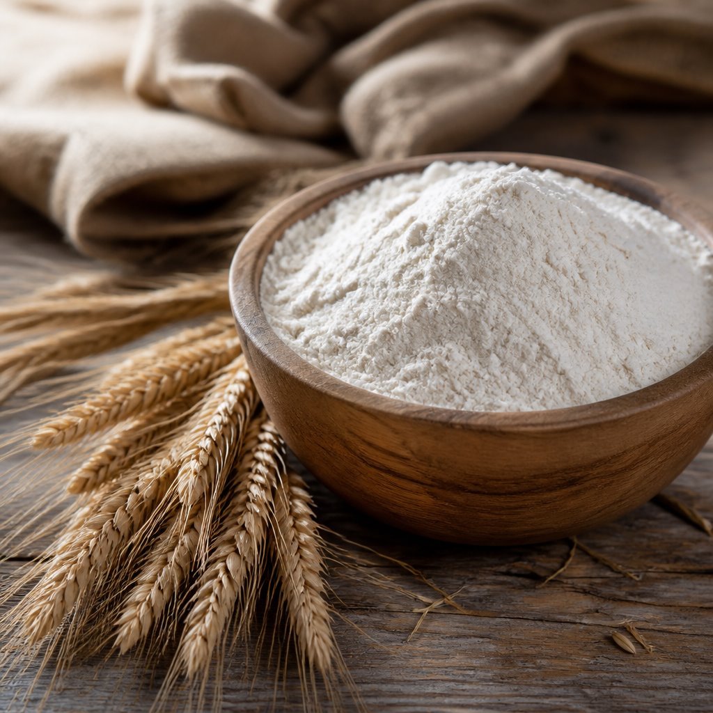 Bowl of flour with wheat stalks