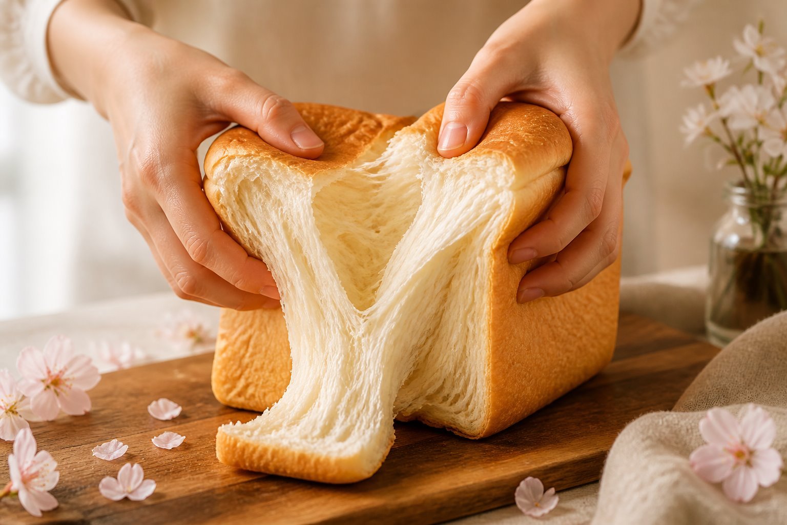 Hands pulling apart a soft loaf of Japanese shokupan